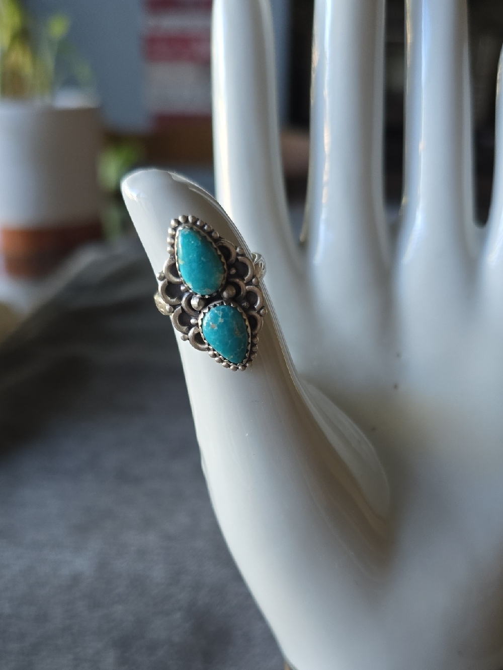 925 Sterling Silver Double Teardrop Turquoise Ring~Sz 7 Adj